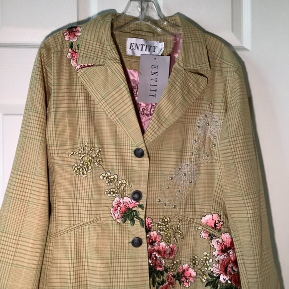 NWT Entity Floral Embroidered Blazer XL Plaid Statement Jacket Beaded - Picture 3 of 8